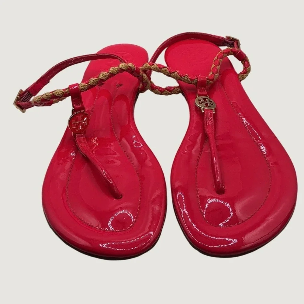 Tory Burch Miller Braided Pink Patent Leather Thong Ankle Strap Sandals 6M